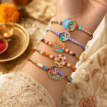 Elegant Auspicious Rakhi for Brother with Roli Tikka & Greeting Card, Pack of 8