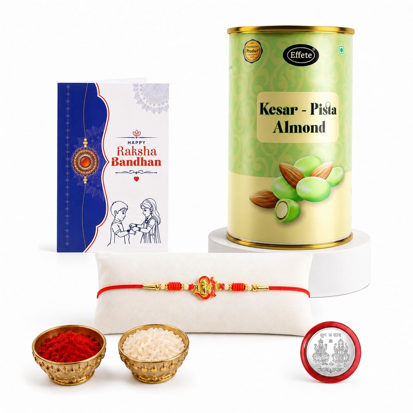 Om Ganesha Multicolor Rakhi & Kesar-Pista Almond 96gm with Roli Chawal, Silver Color Pooja Coin & Greeting Card, Rakshbandhan Combo, Rakhi & Chocolate, Pack of 5 For Raksha Bandhan