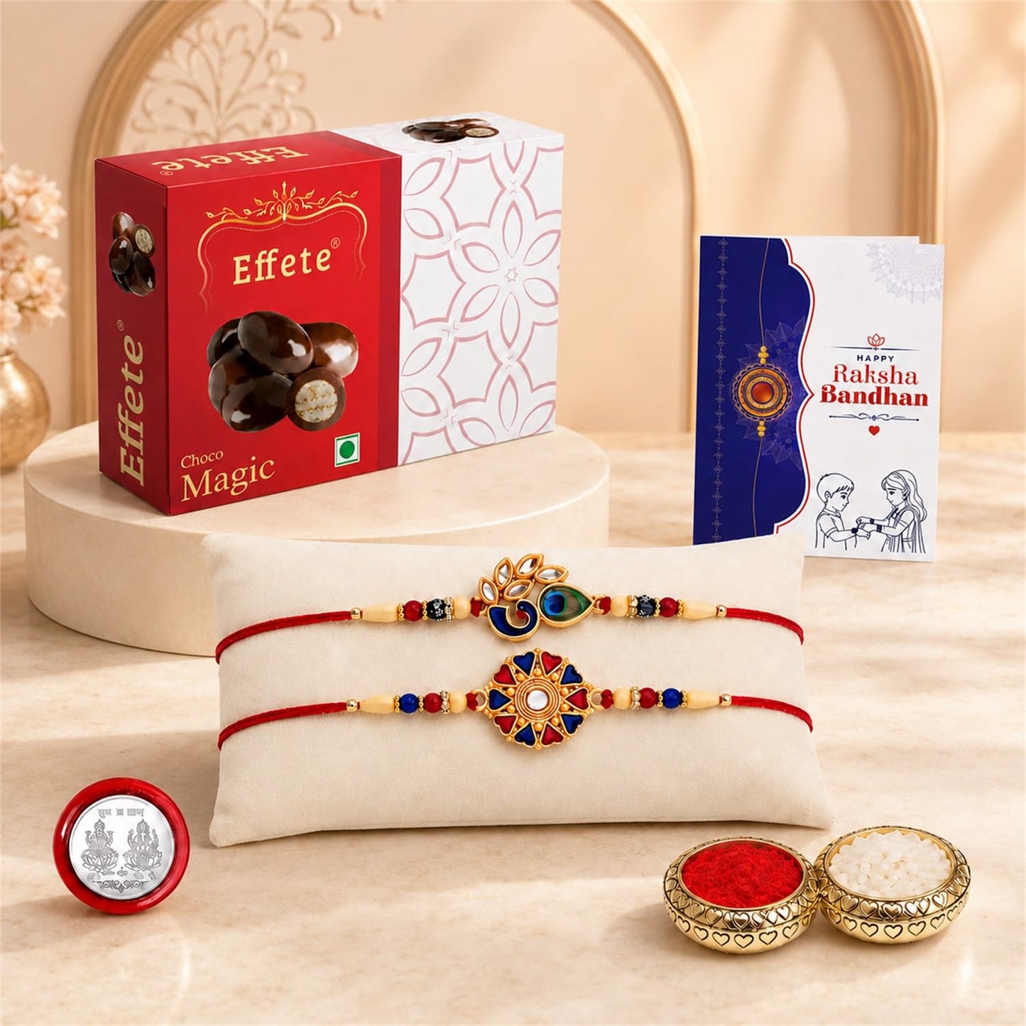 Peacock Rakhi for Brother with Choco Magic 32gm, Roli Tikka & Card | Pack of 6