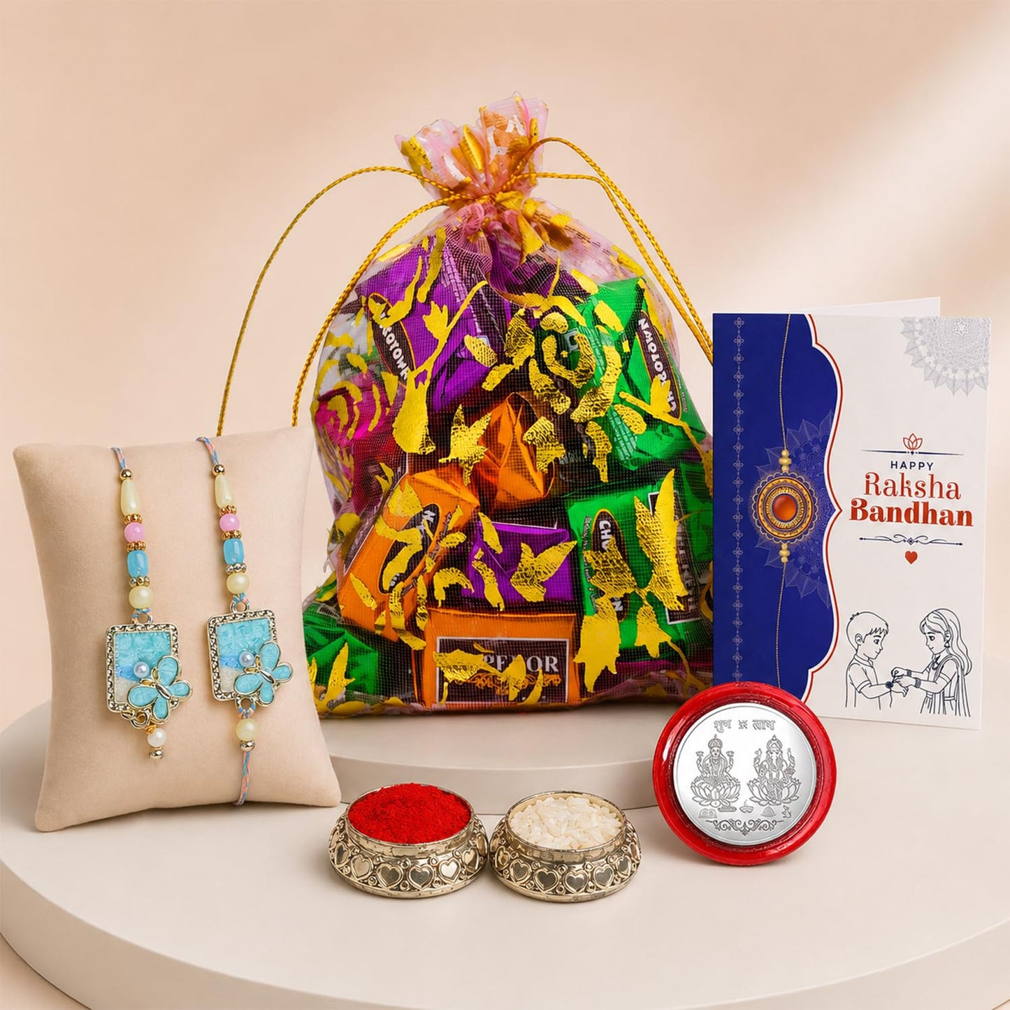 Designer Rakhi for Brother with Assorted Treats, Roli Tikka & Card | Pack of 6