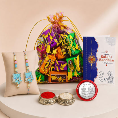 Designer Rakhi for Brother with Assorted Treats, Roli Tikka & Card | Pack of 6