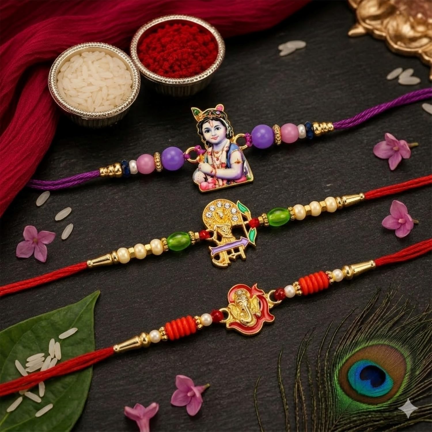 Ganesh Rakhi for Brother with Butter Scotch 32gm, Roli Tikka & Card, Pack of 7