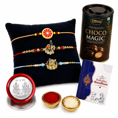 Fruit Rakhi for Brother with Chocolate Magic 96gm, Roli Tikka & Card, Pack of 7
