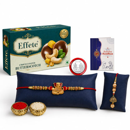 Ganesha Rakhi for Brother with Butter Scotch 32gm, Roli Tikka & Card, Pack of 6