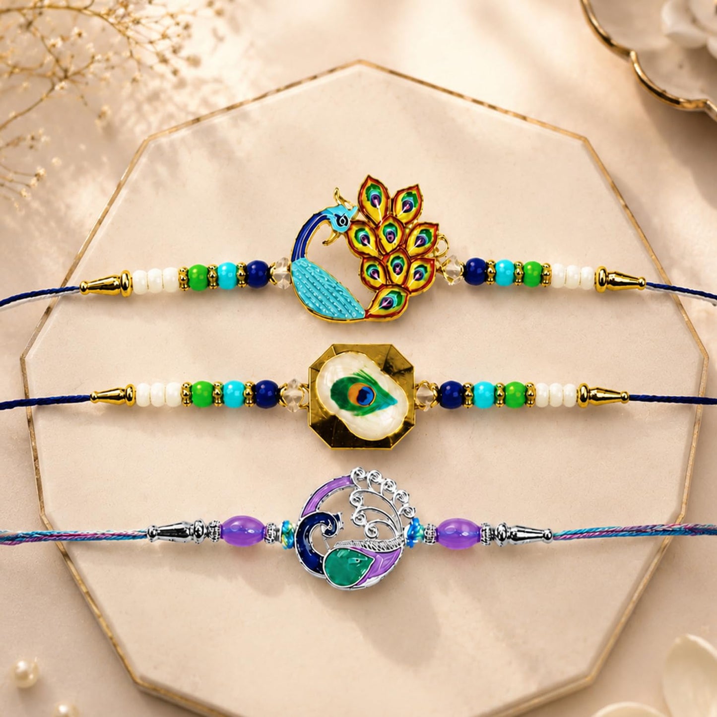Designer Auspicious Multicolor Rakhi for Brother with Roli Tikka, Pack of 6