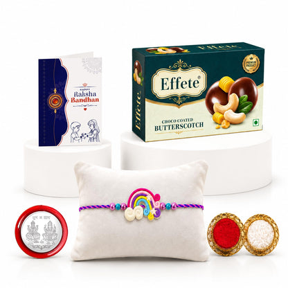 Rainbow Rakhi for Brother with Butter Scotch 32gm, Roli Chawal & Card, Pack of 5