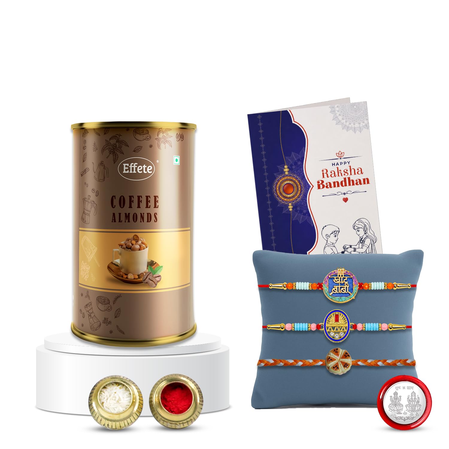 Designer Rakhi for Brother with Coffee Almond 96gm, Roli Chawal & Card, Pack of 3