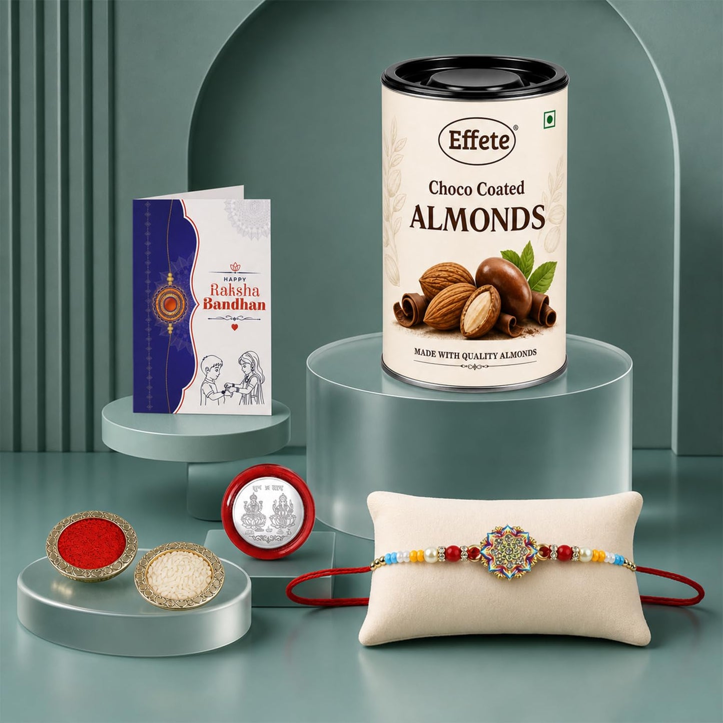 Multicolor Flower Rakhi & Chocolate Almonds 96gm with Roli Chawal, Silver Color Pooja Coin & Greeting Card, Fancy Rakhis for men stylish, Rakshbandhan Combo, Pack of 5 For Raksha Bandhan