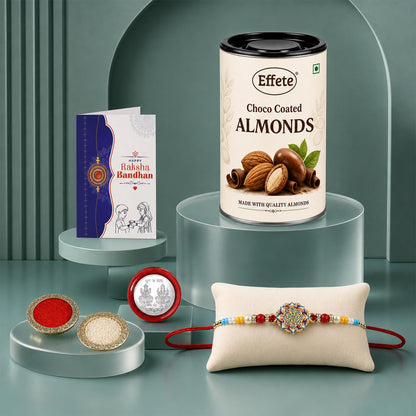 Multicolor Flower Rakhi & Chocolate Almonds 96gm with Roli Chawal, Silver Color Pooja Coin & Greeting Card, Fancy Rakhis for men stylish, Rakshbandhan Combo, Pack of 5 For Raksha Bandhan