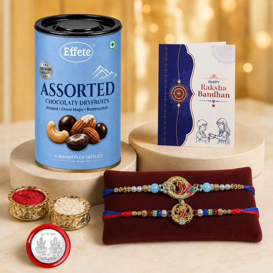 Om, Krishna Multicolor Rakhi & Assorted Chocolate Dryfruits 96gm with Roli Chawal, Silver Color Pooja Coin & Greeting Card, rakhi combo for brother, Rakshbandhan Combo, Pack of 6 For Raksha Bandhan