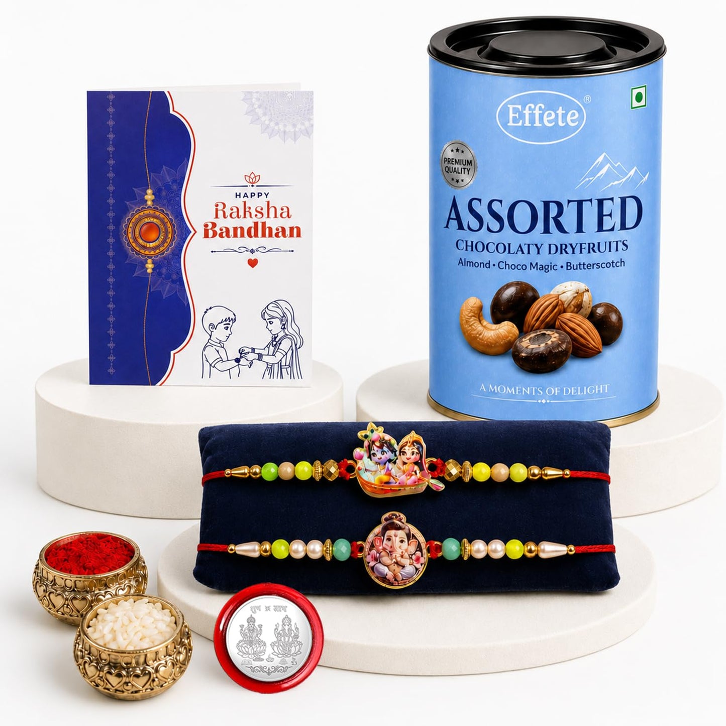 Radhe Krishna Rakhi Combo - Raksha Bandhan Gift with Assorted Choco 96gm, Pack of 6