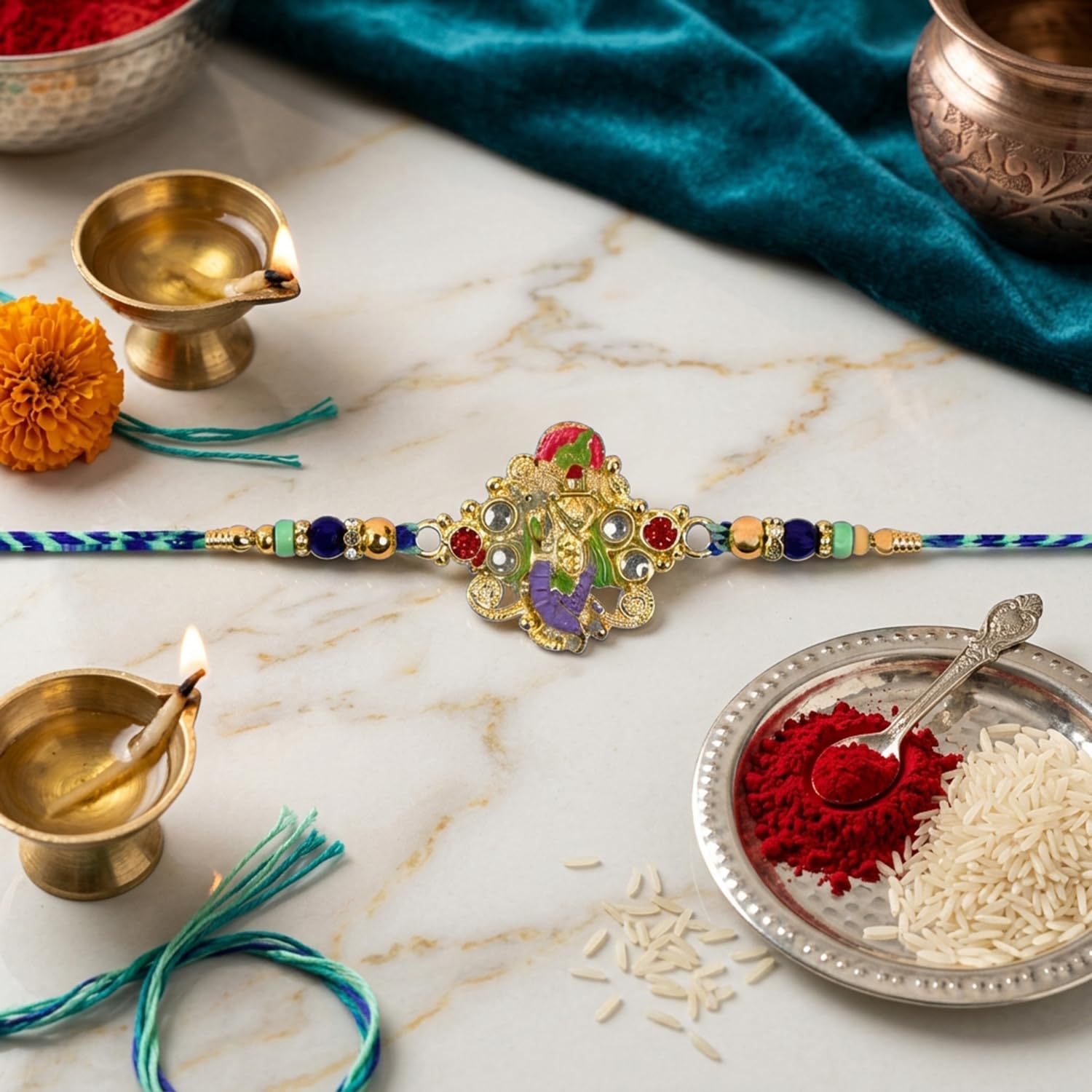 Designer Elegant Multicolor Rakhi for Brother with Choco Magic Pouch, Pack of 7