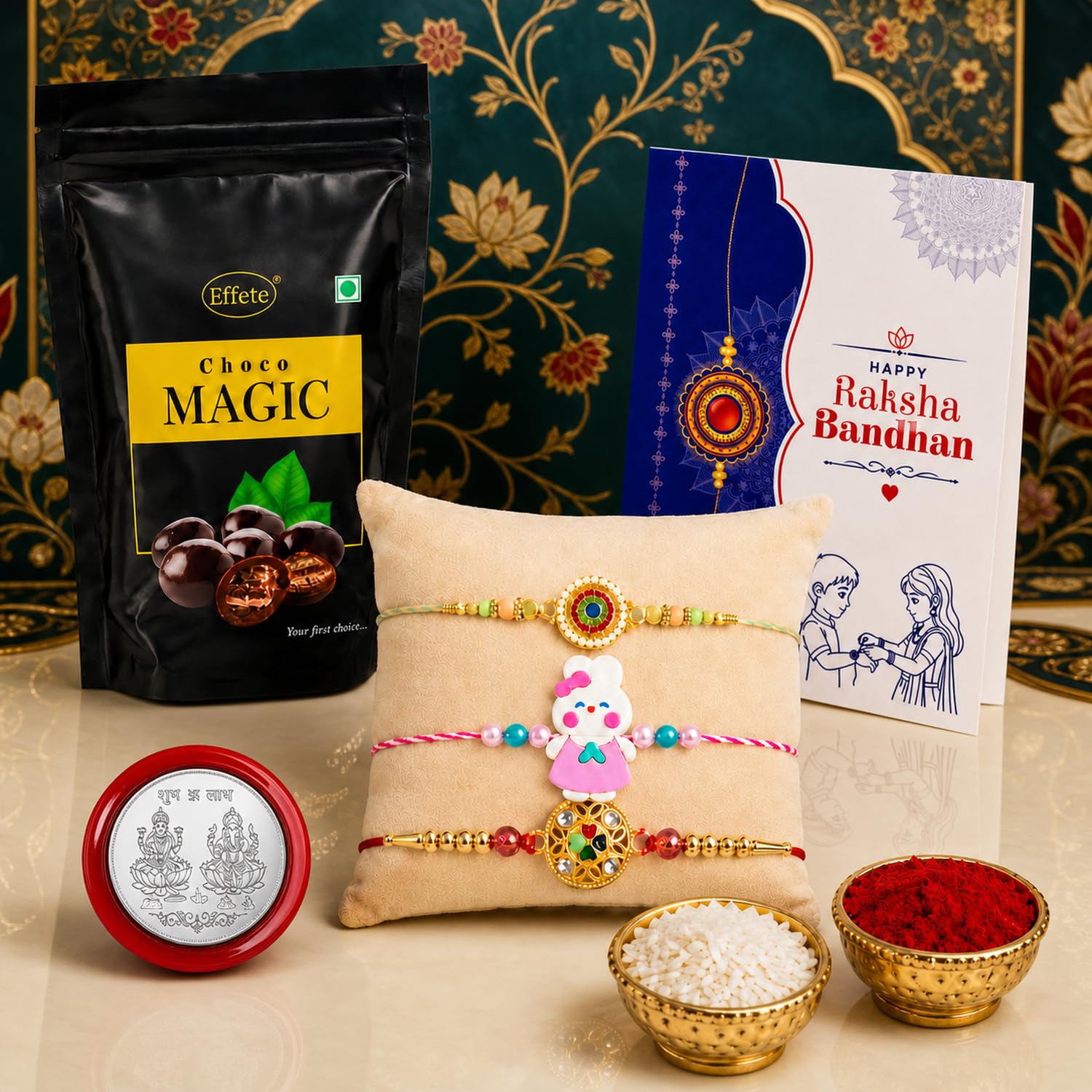 Kundan Rakhi for Brother with Choco Magic Pouch, Roli Tikka & Card, Pack of 7