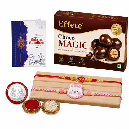 Om Rakhi for Brother with Choco Magic 96gm, Roli Tikka & Greeting Card, Pack of 6