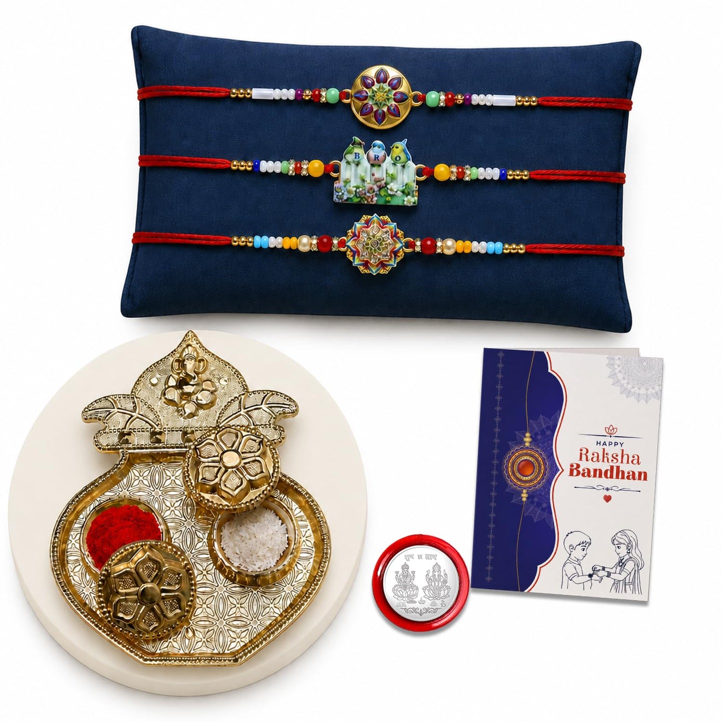 Round, Bro, Flower Multicolor Rakhi for Brother & Bhaiya with Kalash | Pack of 7