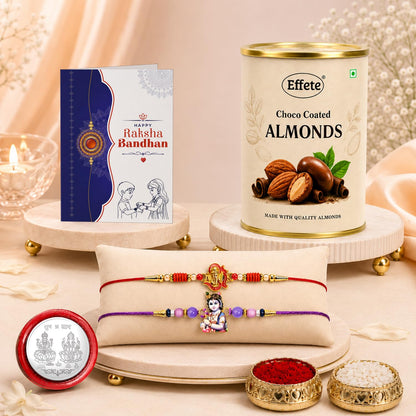 Designer Rakhi for Brother with Choco Almonds 96gm, Roli Tikka & Card, Pack of 6