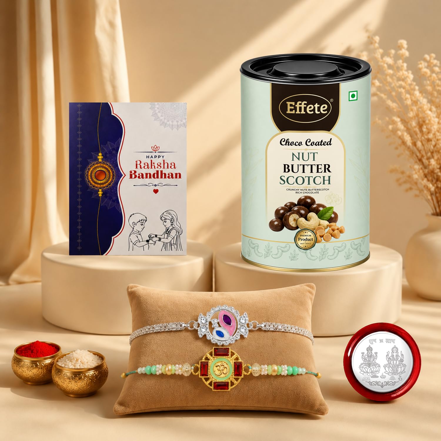 Evil Eye Rakhi for Brother with Butter Scotch 96gm, Roli Tikka & Card - Pack of 6
