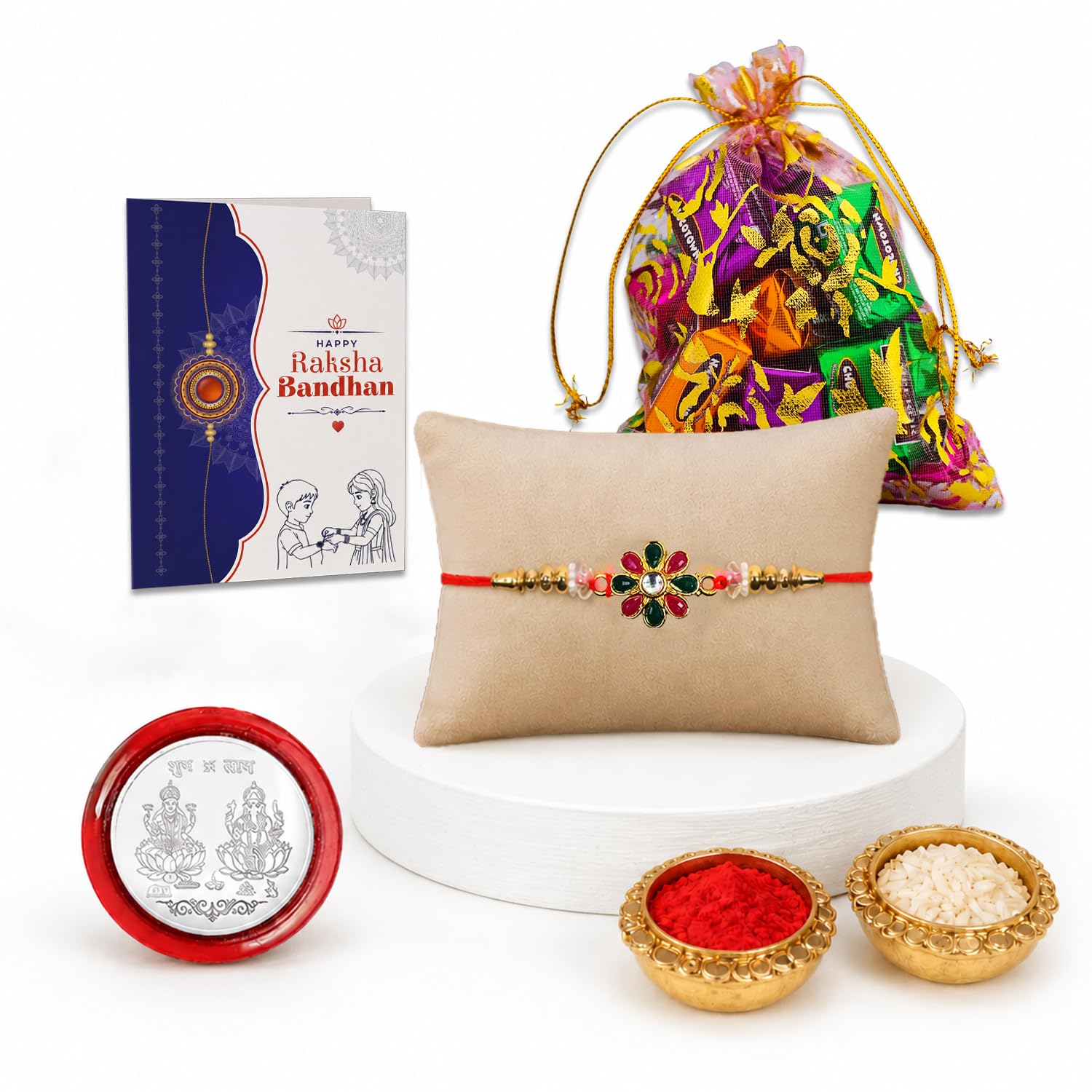 Flower Rakhi for Brother with Assorted Treats 10pcs, Roli Tikka & Card, Pack of 5