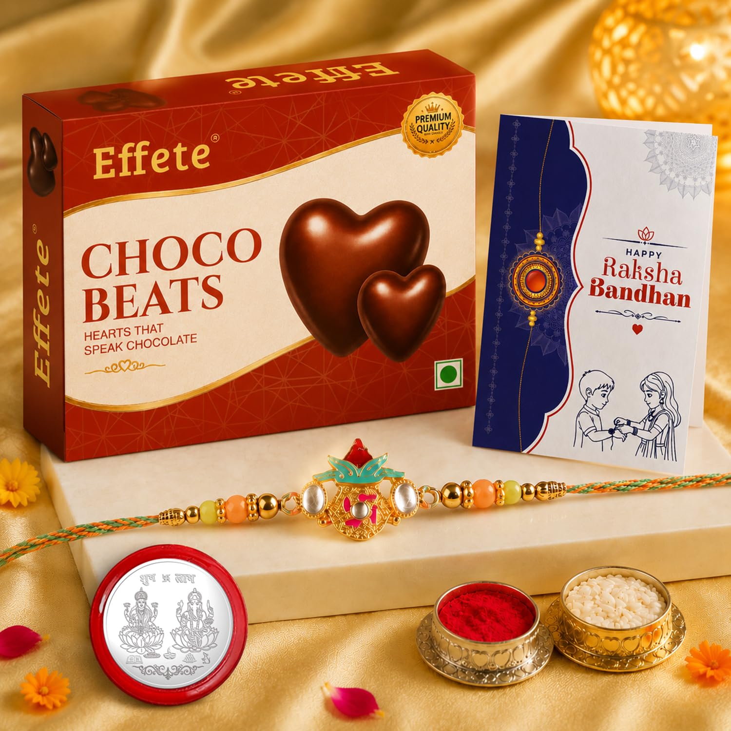 Kalash with Nariyal Rakhi for Brother with Chocolate Beats 32gm, Pack of 5