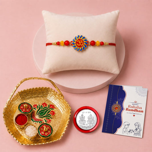 Multicolor Om Bracelet/Rakhi & Basket-Topli Pooja Thali with Silver Color Pooja Coin, Tikka/Tilak Set & Greeting Card, Rakhi Gift Hamper (Pack of 5) For Raksha Bandhan