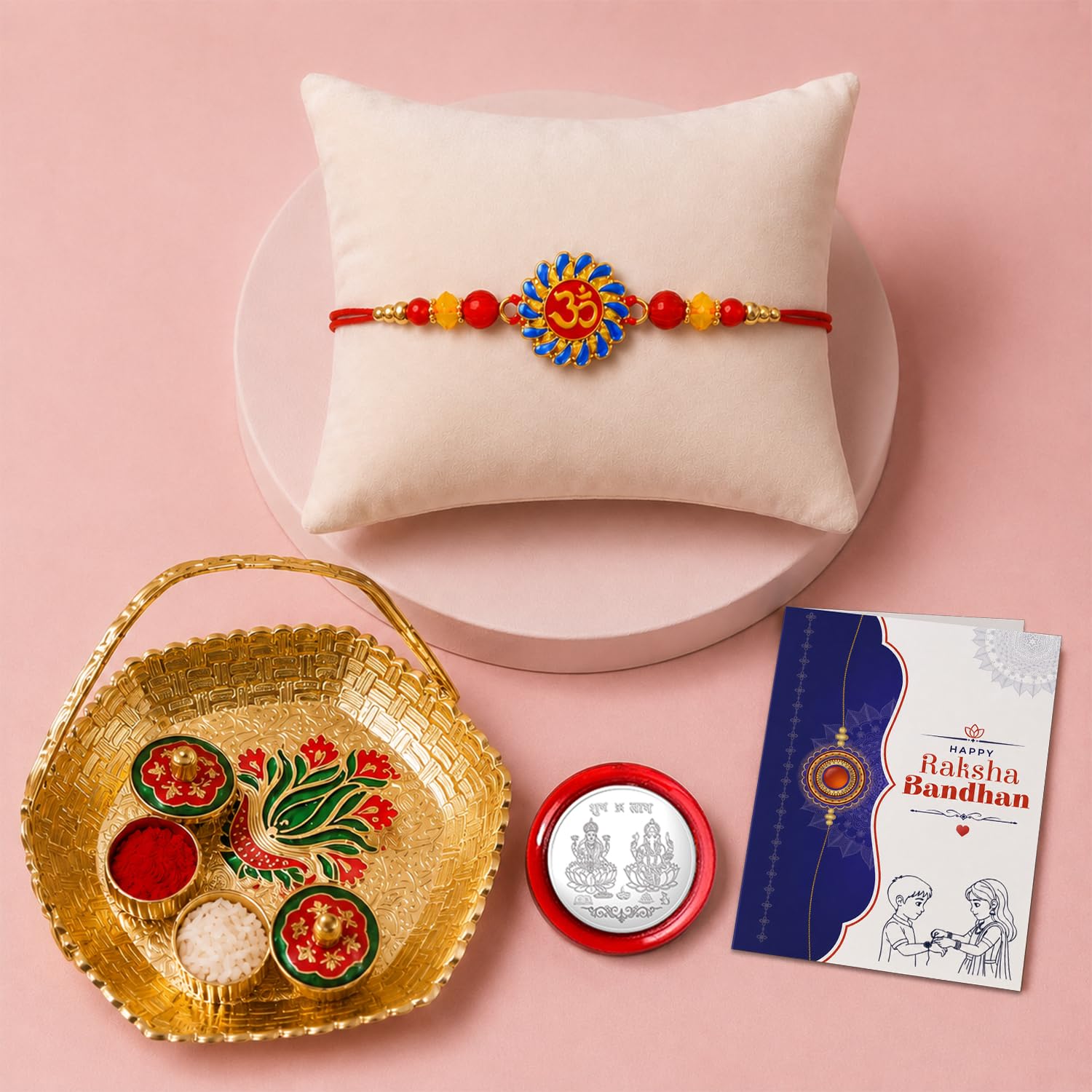 Om Multicolor Rakhi for Brother & Bhaiya with Basket-Topli Pooja | Pack of 5