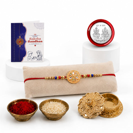 Round Multicolor Rakhi for Brother & Bhaiya with Golden Pooja | Pack of 5