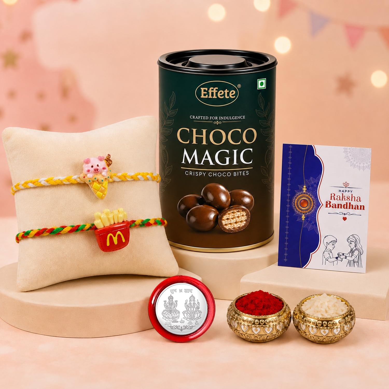 Multicolor Pig, French Fries Rakhi & Chocolate Magic 96gm with Roli Chawal, Silver Color Pooja Coin & Greeting Card, Fancy Rakhis for men stylish, Rakshbandhan Combo, Pack of 6 For Raksha Bandhan