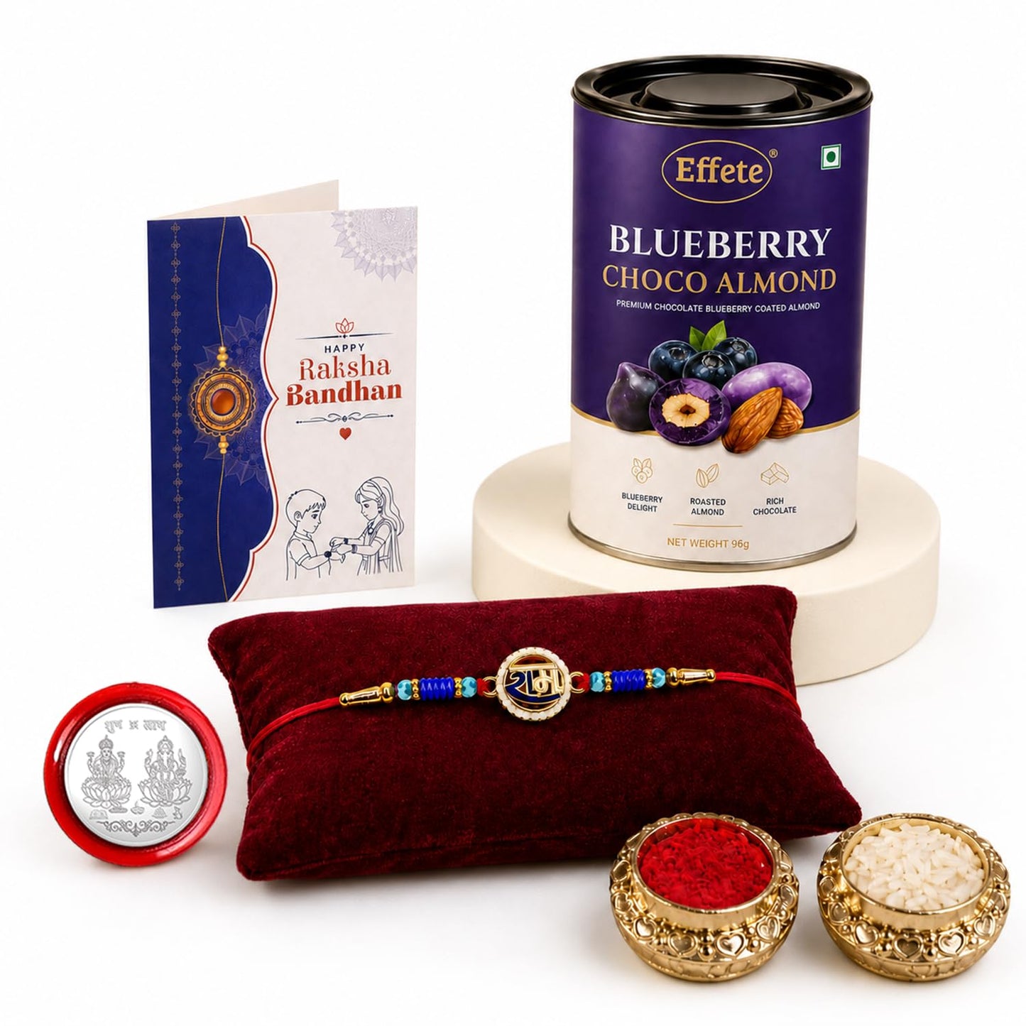 Ram Rakhi for Brother with Blueberry Almond 96gm, Roli Tikka & Card, Pack of 5
