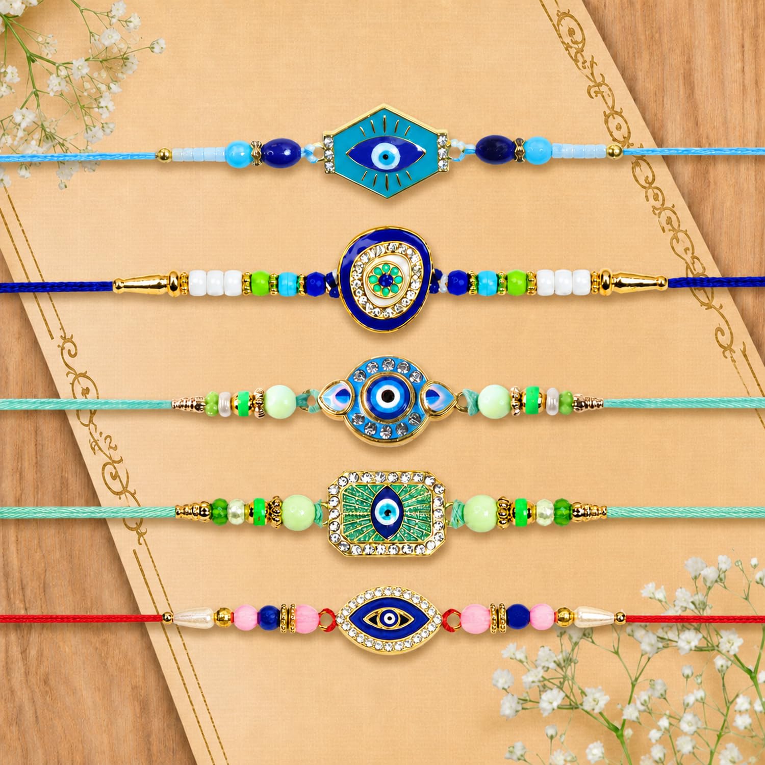 Designer Ethnic Rakhi for Brother with Roli Tikka, Pooja Coin & Card, Pack of 8