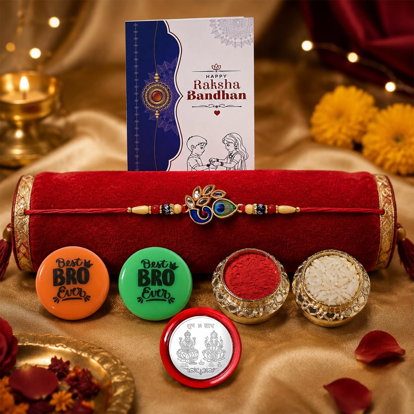 Rakhi Set for Brother (Set of 1) – Peahen Design Rakhi Combo with Roli Chawal