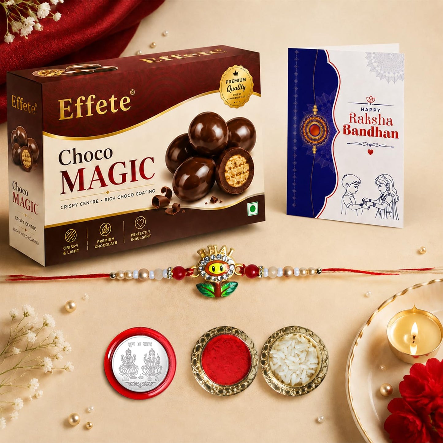 Sunflower with Bhai Rakhi for Brother with Chocolate Magic 32gm, Pack of 5