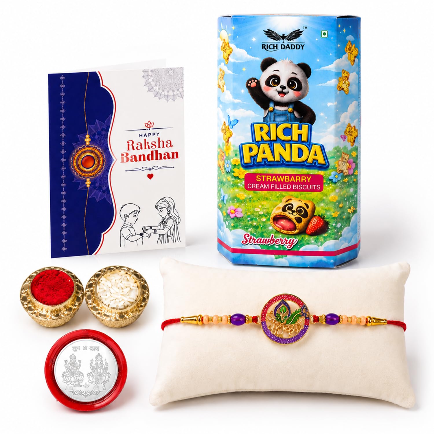 Radha Krishna Rakhi for Brother with Strawberry Cream Biscuit 60gm, Pack of 5