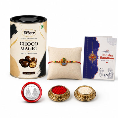 Peacock Rakhi for Brother with Choco Magic 96gm, Roli Tikka & Card | Pack of 5