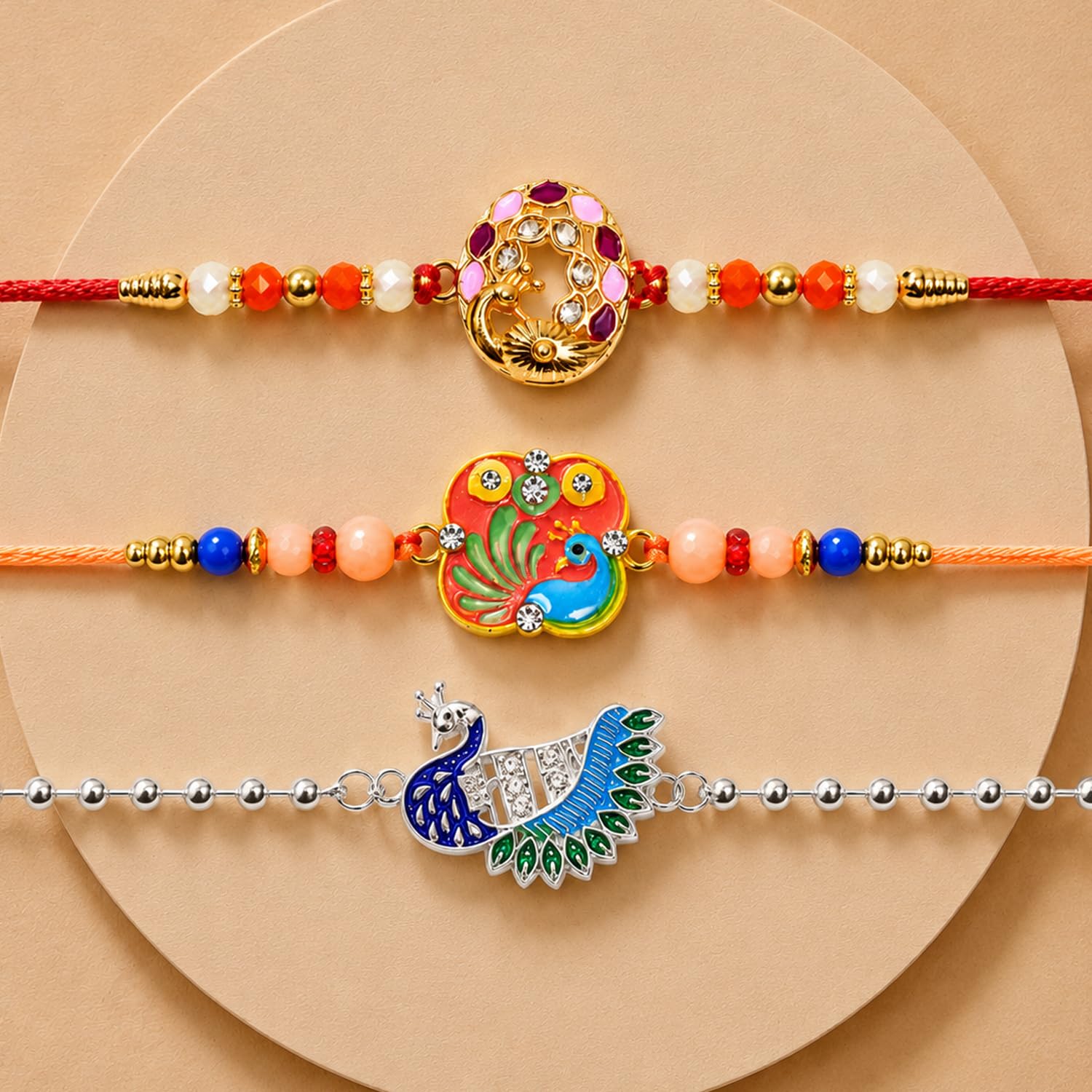 Designer Elegant Multicolor Peacock Rakhi for Brother with Roli Tikka - Pack of 6