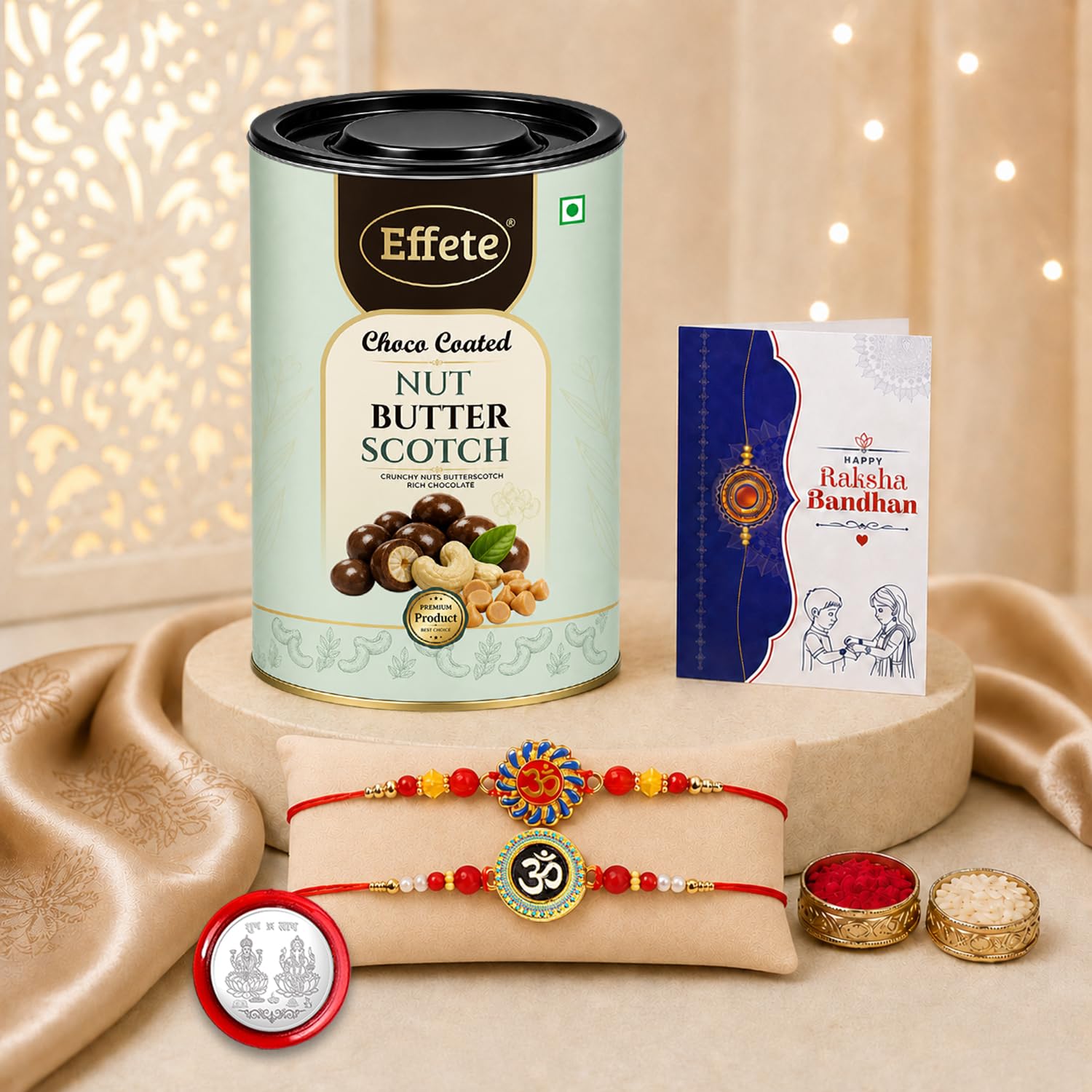 Om Rakhi Combo - Raksha Bandhan Gift with Choco Butterscotch 96gm, Pack of 6 | Rakhi Gift