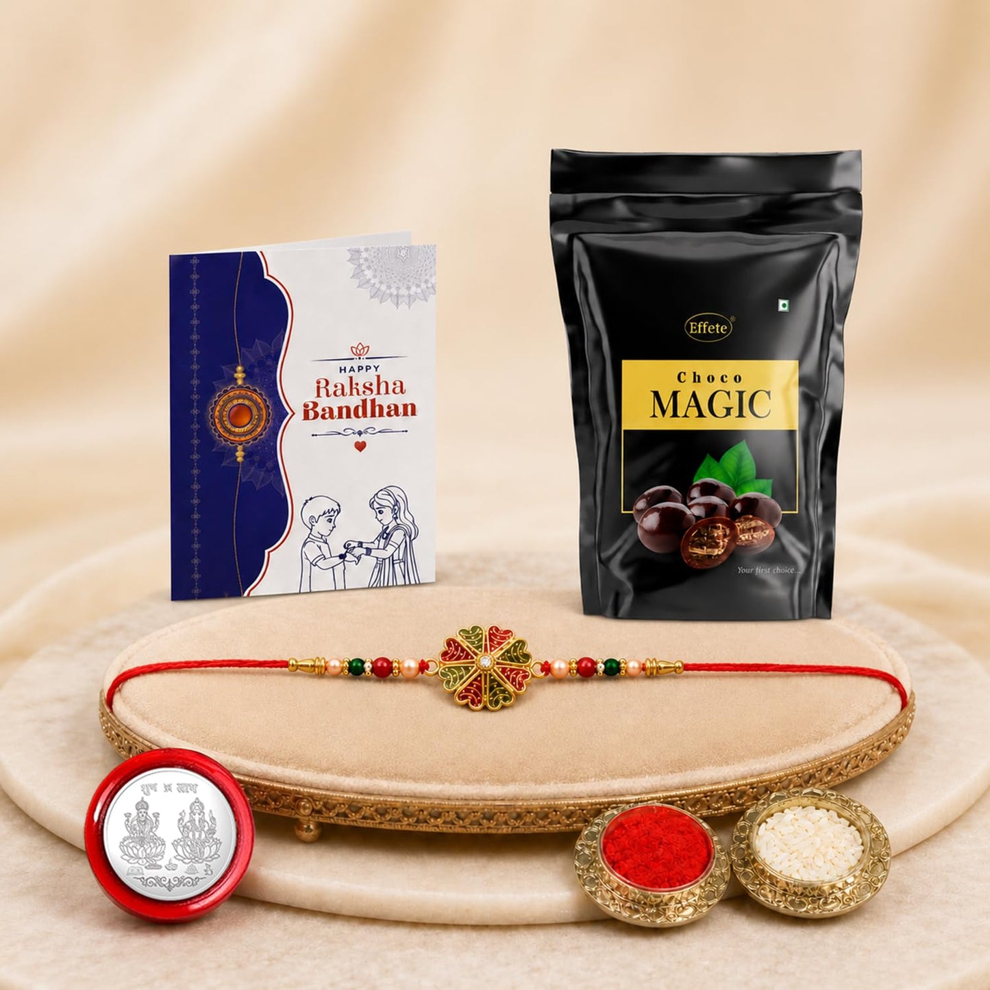 Flower Rakhi for Brother with Choco Magic Pouch, Roli Tikka & Card | Pack of 5