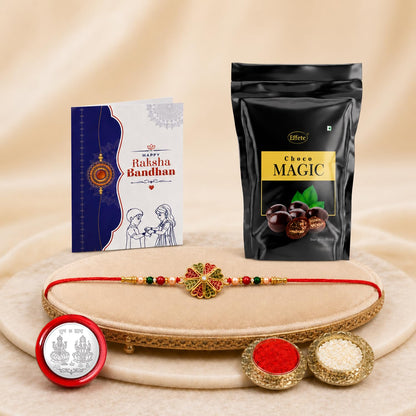 Flower Rakhi for Brother with Choco Magic Pouch, Roli Tikka & Card | Pack of 5