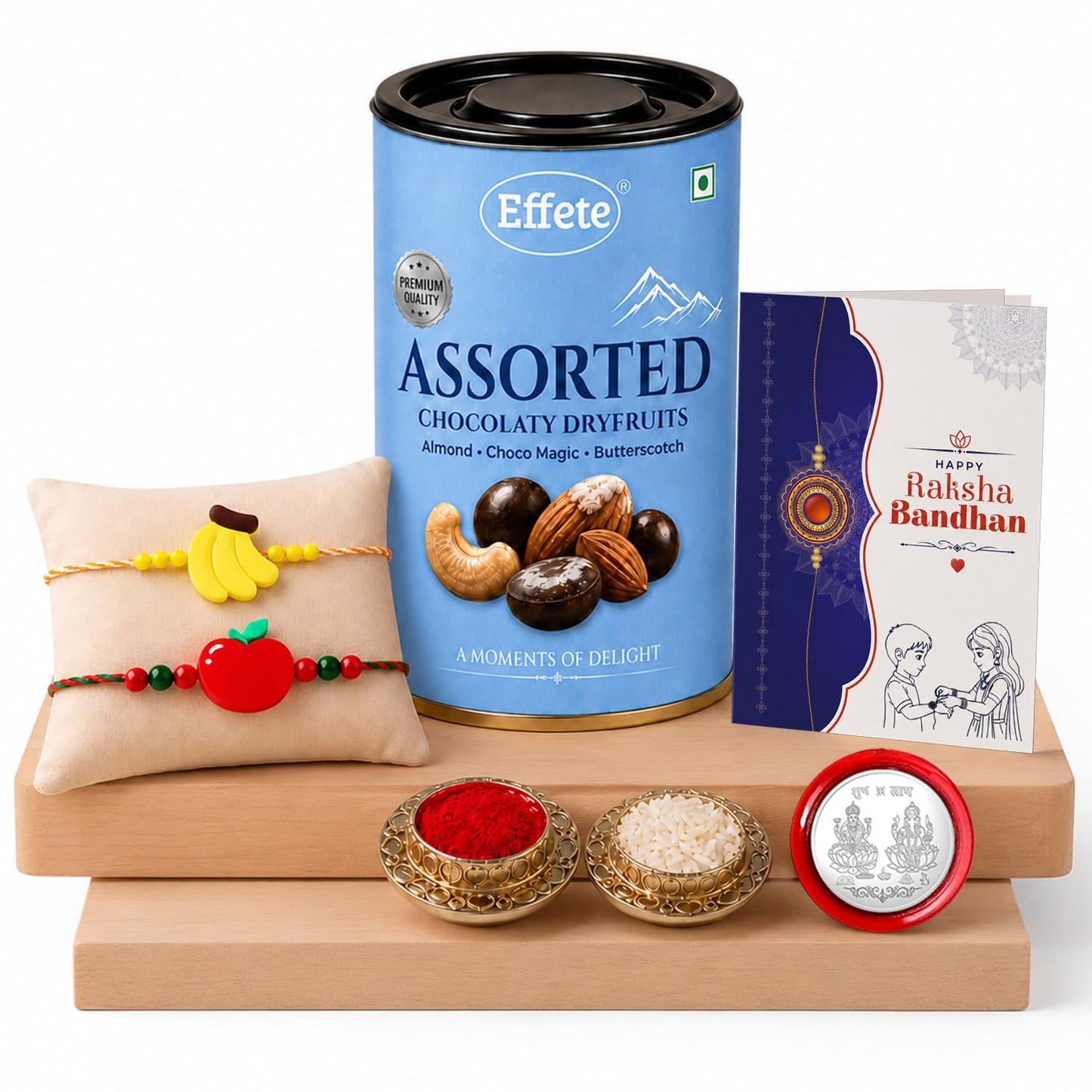 Banana Rakhi for Brother with Choco Dryfruits 96gm, Roli Tikka & Card, Pack of 6
