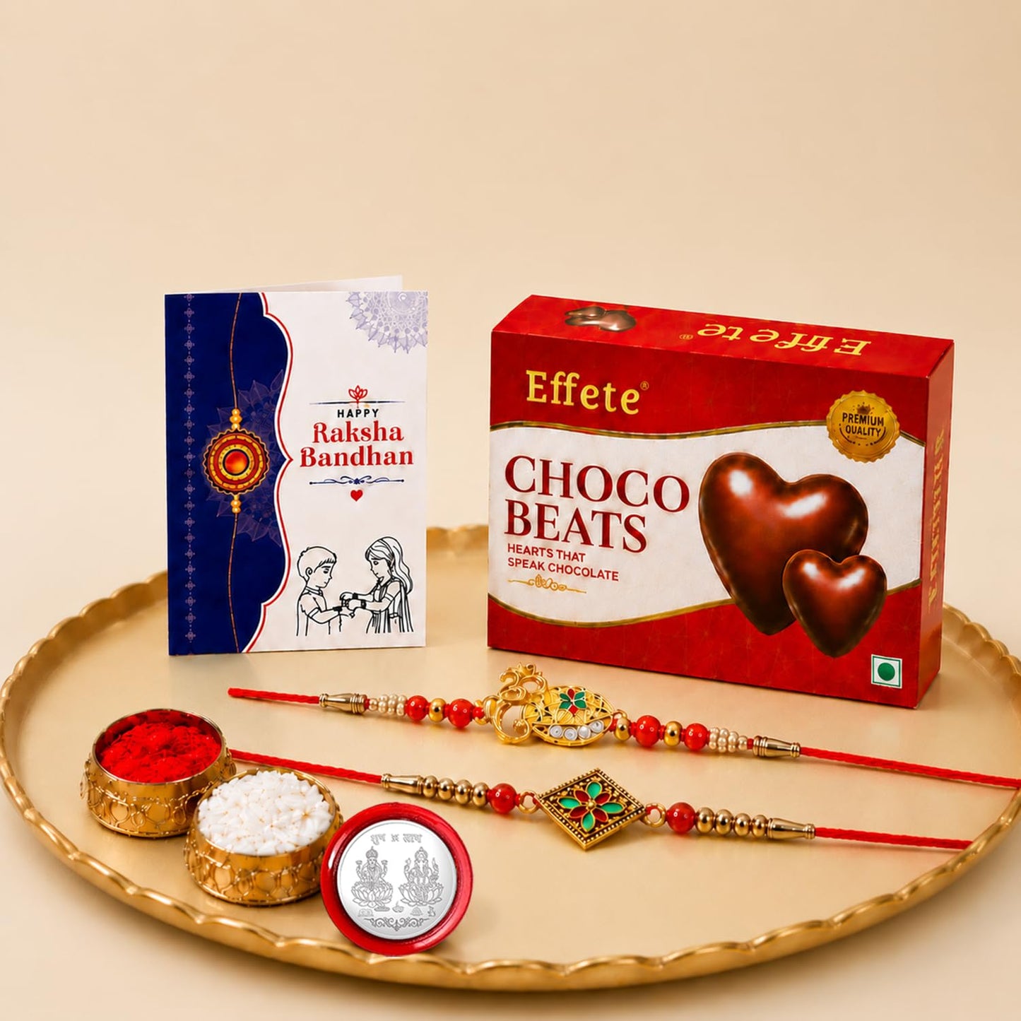 Om Rakhi for Brother with Choco Beats 32gm, Roli Tikka & Greeting Card, Pack of 6