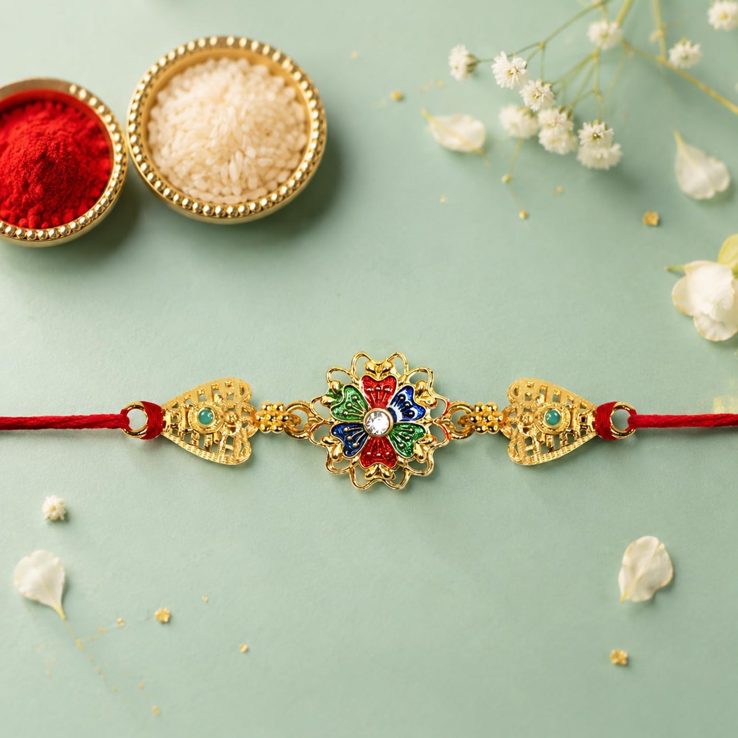 Rakhi with Chocolate for Brother – Raksha Bandhan Combo with Elegant Colorful Design Rakhi, Chocolate, Roli Chawal, Silver Color Pooja Coin & Greeting Card – Festival Celebration (Set of 5)