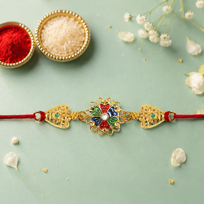 Rakhi with Chocolate for Brother – Raksha Bandhan Combo with Elegant Colorful Design Rakhi, Chocolate, Roli Chawal, Silver Color Pooja Coin & Greeting Card – Festival Celebration (Set of 5)