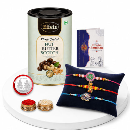 Ganesha, Peacock Rakhi Combo - Raksha Bandhan Gift with Choco Butterscotch 96gm, Pack of 7