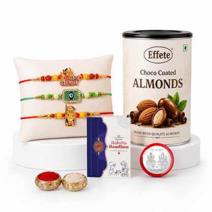 Shri Ram, Ganesha Rakhi Combo - Raksha Bandhan Gift with Choco Almonds 96gm, Pack of 7