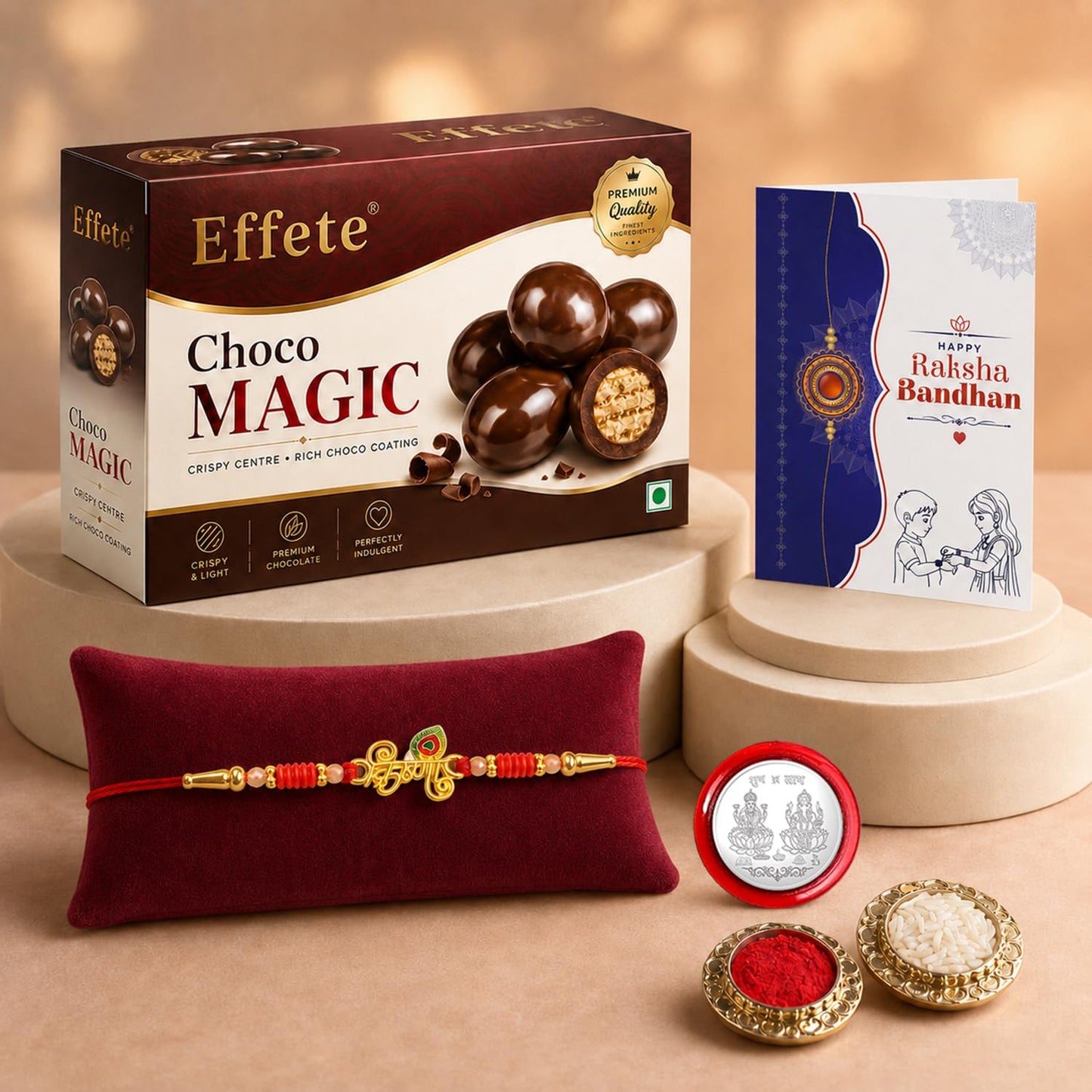 Krishna Rakhi for Brother with Chocolate Magic 96gm, Roli Tikka & Card, Pack of 5