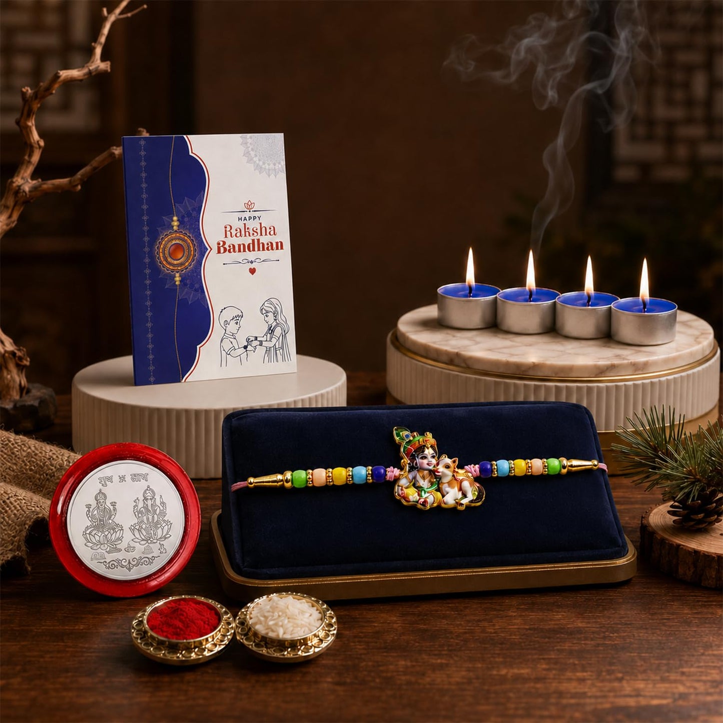 Krishna Rakhi for Brother with Candles 4pcs, Roli Tikka & Card - Pack of 5