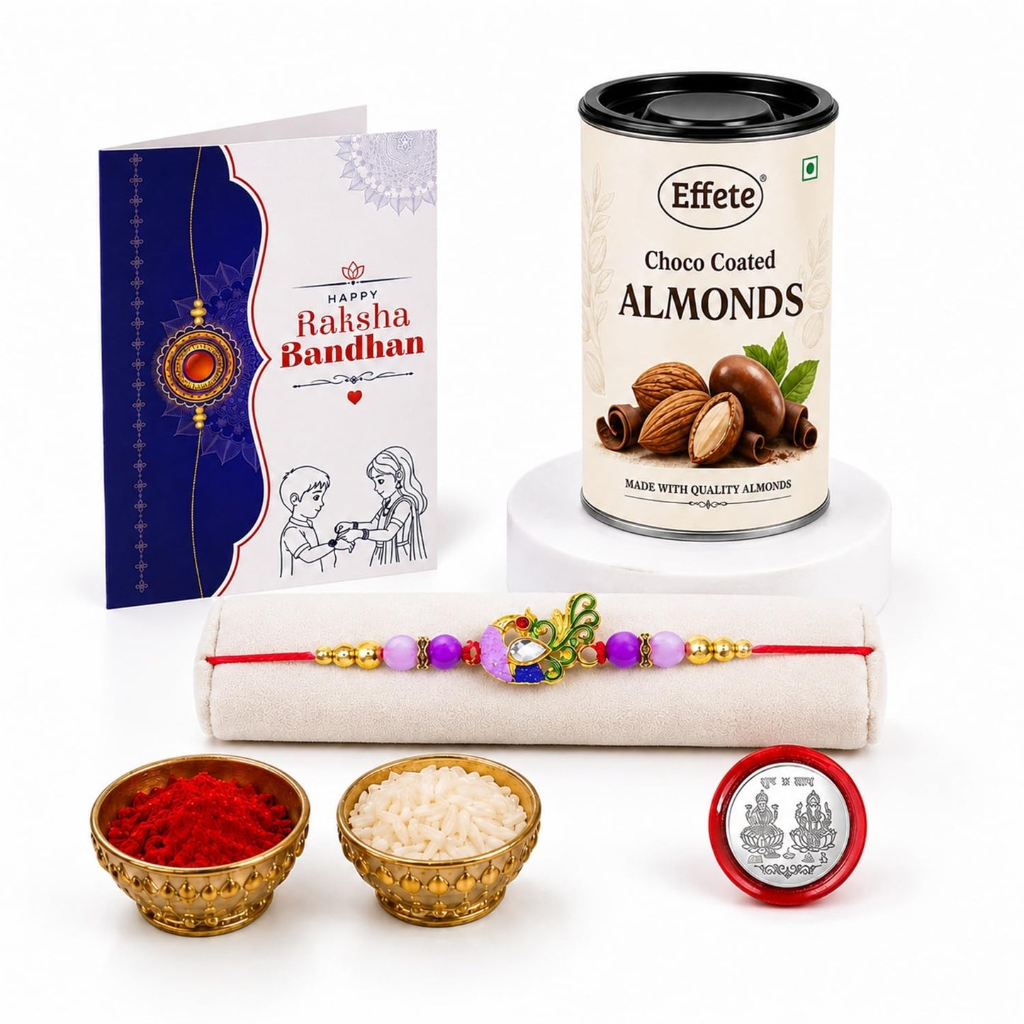 Peacock Rakhi for Brother with Choco Almonds 96gm, Roli Tikka, Pack of 5 | Trendy
