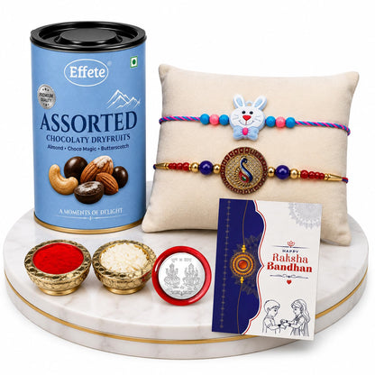 Bunny charm Rakhi for Brother with Choco Dryfruits 96gm, Coin & Card, Pack of 6