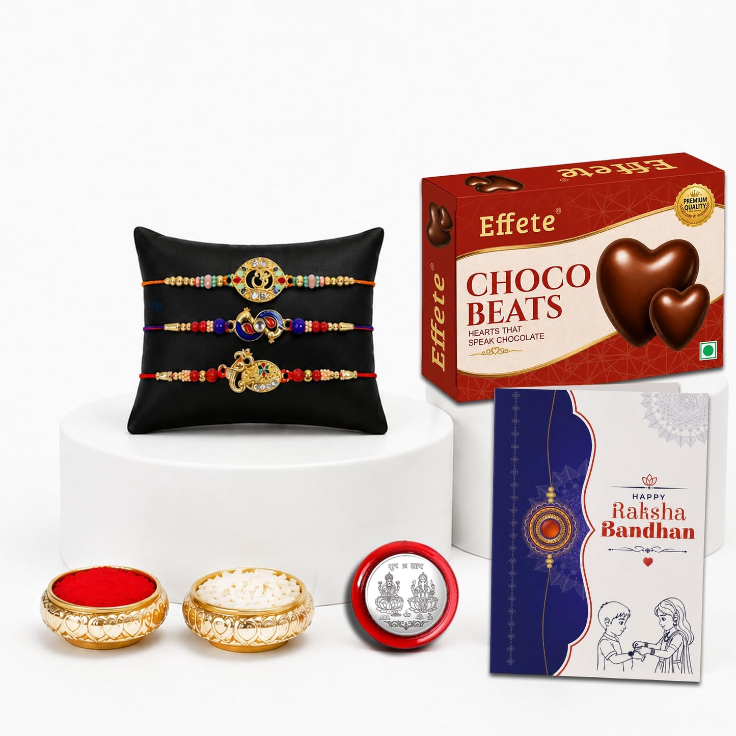 OM Rakhi for Brother with Choco Beats 32gm, Roli Tikka & Greeting Card, Pack of 7