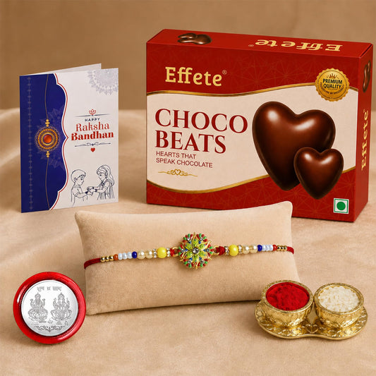 Floral Rakhi for Brother with Chocolate Beats 32gm, Roli Tikka & Card, Pack of 5