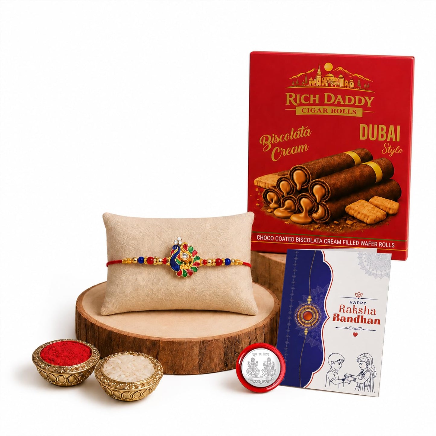 Peacock Multicolor Rakhi – Biscolata Cream Wafer Roll Gift Combo Gift Set (Pack of 5) For Raksha Bandhan